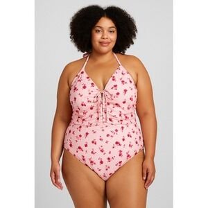 Shade & Shore Swimsuit Womens‎ 24 Pink Floral Halter One Piece Plus Tie Front